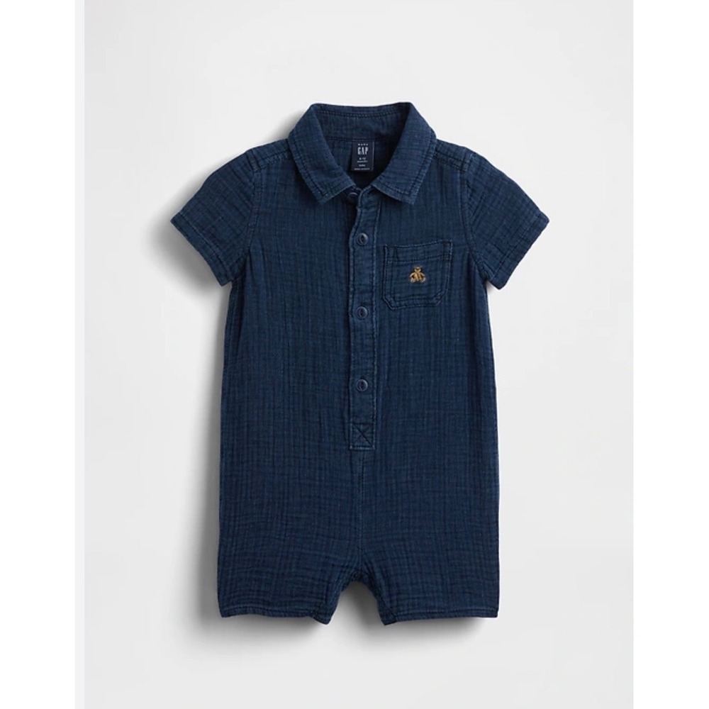 Baby Gap Blue Double Gauze Cotton Brannan Bear Romper 0-3 Months NEW